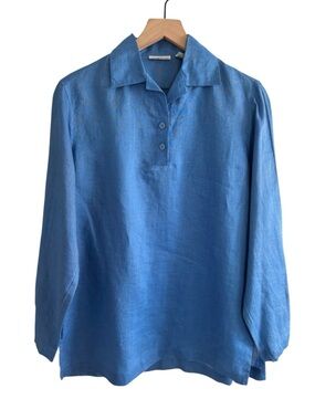 Toto n Ko 100% Linen Popover Blouse Petite Blue Long Sleeve Collared Lightweight
